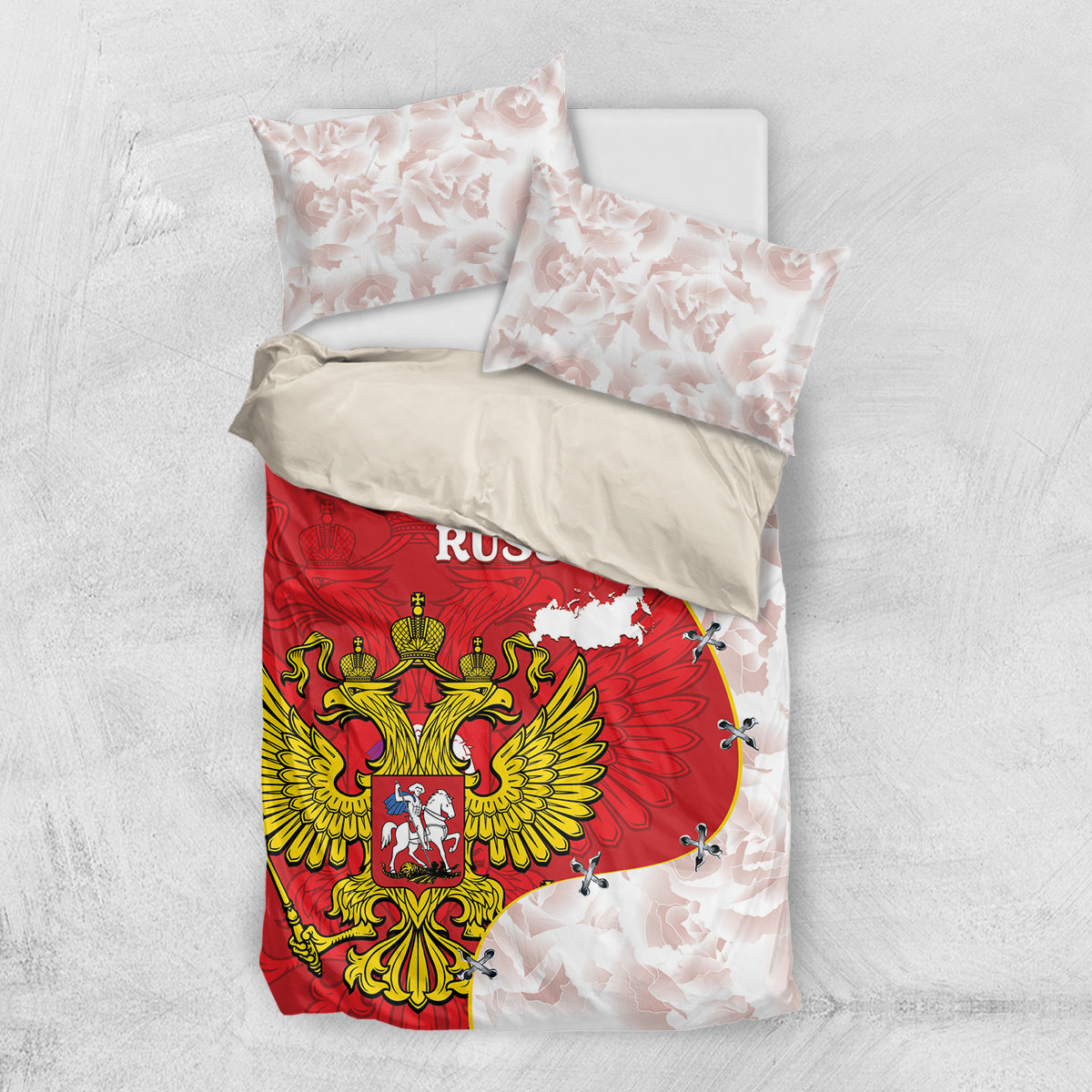 Folded red and white Russia coat of arms bedding set with map, includes pillowcases