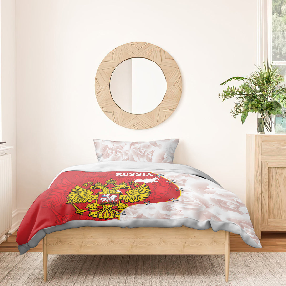 Red and white Russia coat of arms bedding set with map design, includes pillowcase pair