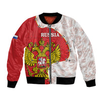 Red and white bomber jacket with full zip and large Russia crest graphic