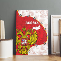 Russia canvas wall art on wall: red map with gold eagle coat of arms and 'RUSSIA' text