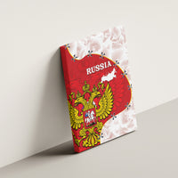 Russia canvas wall art: red crest, 'RUSSIA' text, white floral background, pushpins