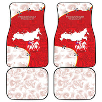 Two red Russia map car mats and two light patterned mats, rectangular set.