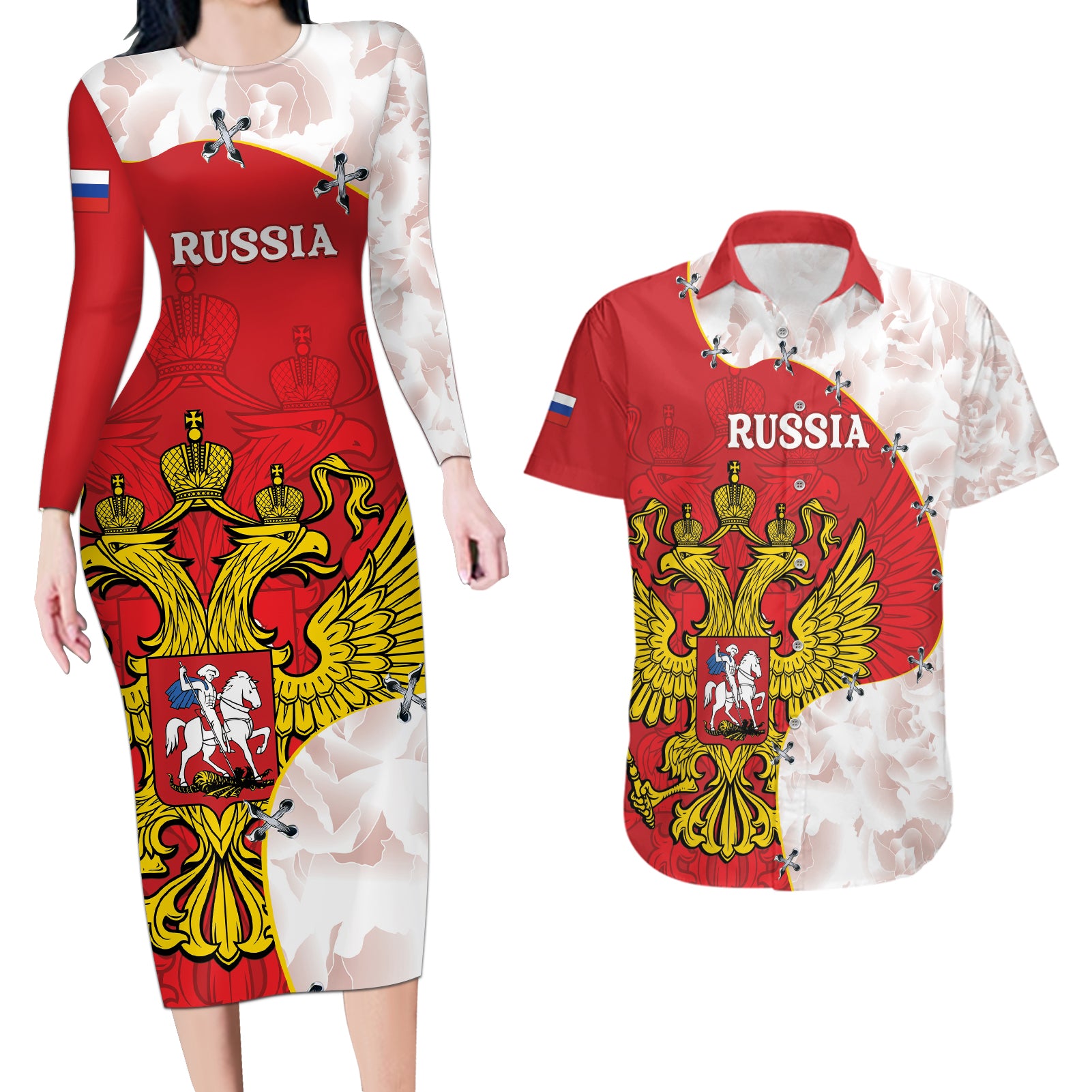 Russia Independence Day Couples Matching Long Sleeve Bodycon Dress and Hawaiian Shirt Coat Of Arms With Map - Wonder Print Shop