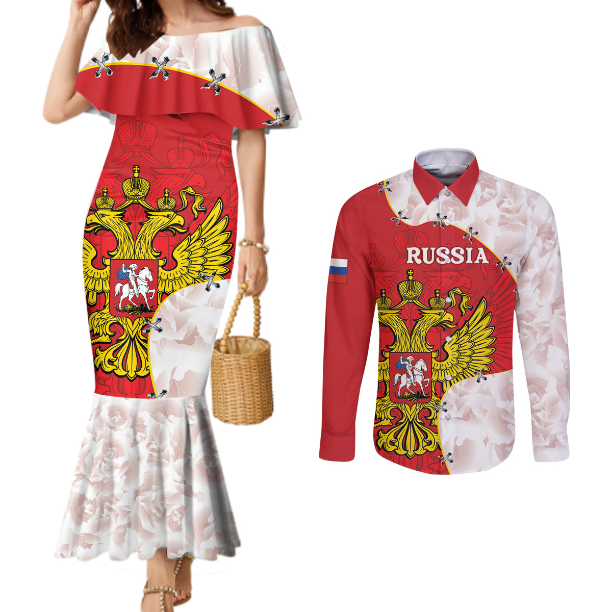 Russia Independence Day Couples Matching Mermaid Dress and Long Sleeve Button Shirt Coat Of Arms With Map