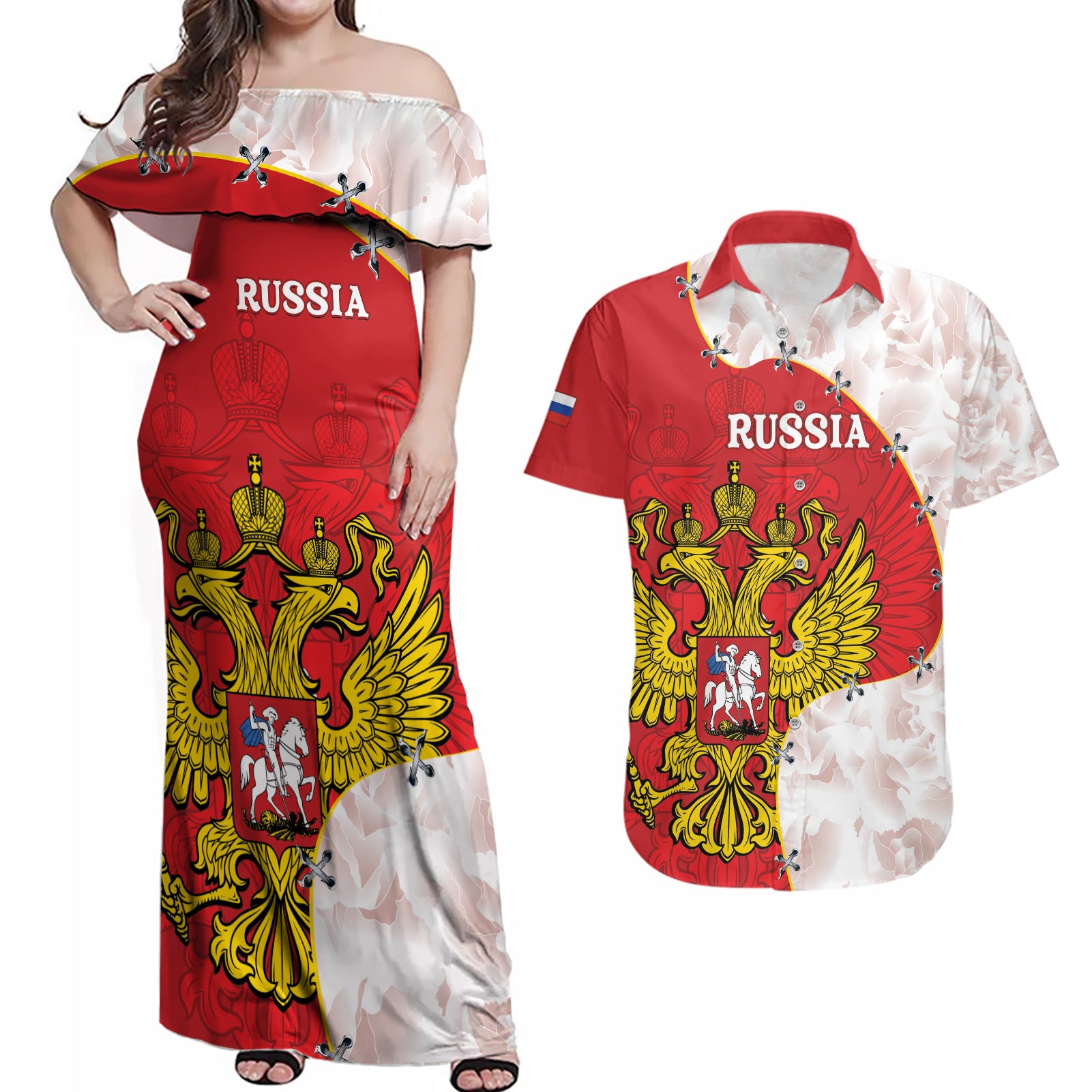 Russia Independence Day Couples Matching Off Shoulder Maxi Dress and Hawaiian Shirt Coat Of Arms With Map - Wonder Print Shop