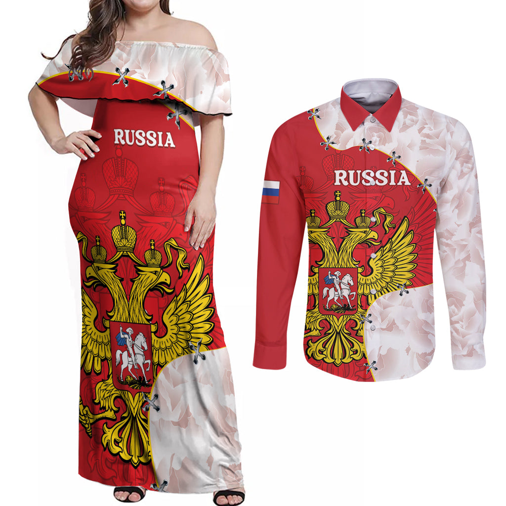 Russia Independence Day Couples Matching Off Shoulder Maxi Dress and Long Sleeve Button Shirt Coat Of Arms With Map - Wonder Print Shop