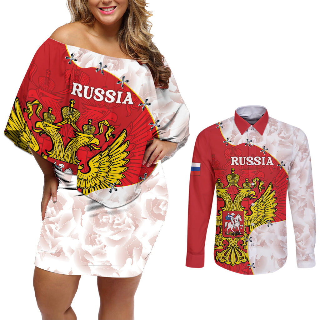 Russia Independence Day Couples Matching Off Shoulder Short Dress and Long Sleeve Button Shirt Coat Of Arms With Map - Wonder Print Shop