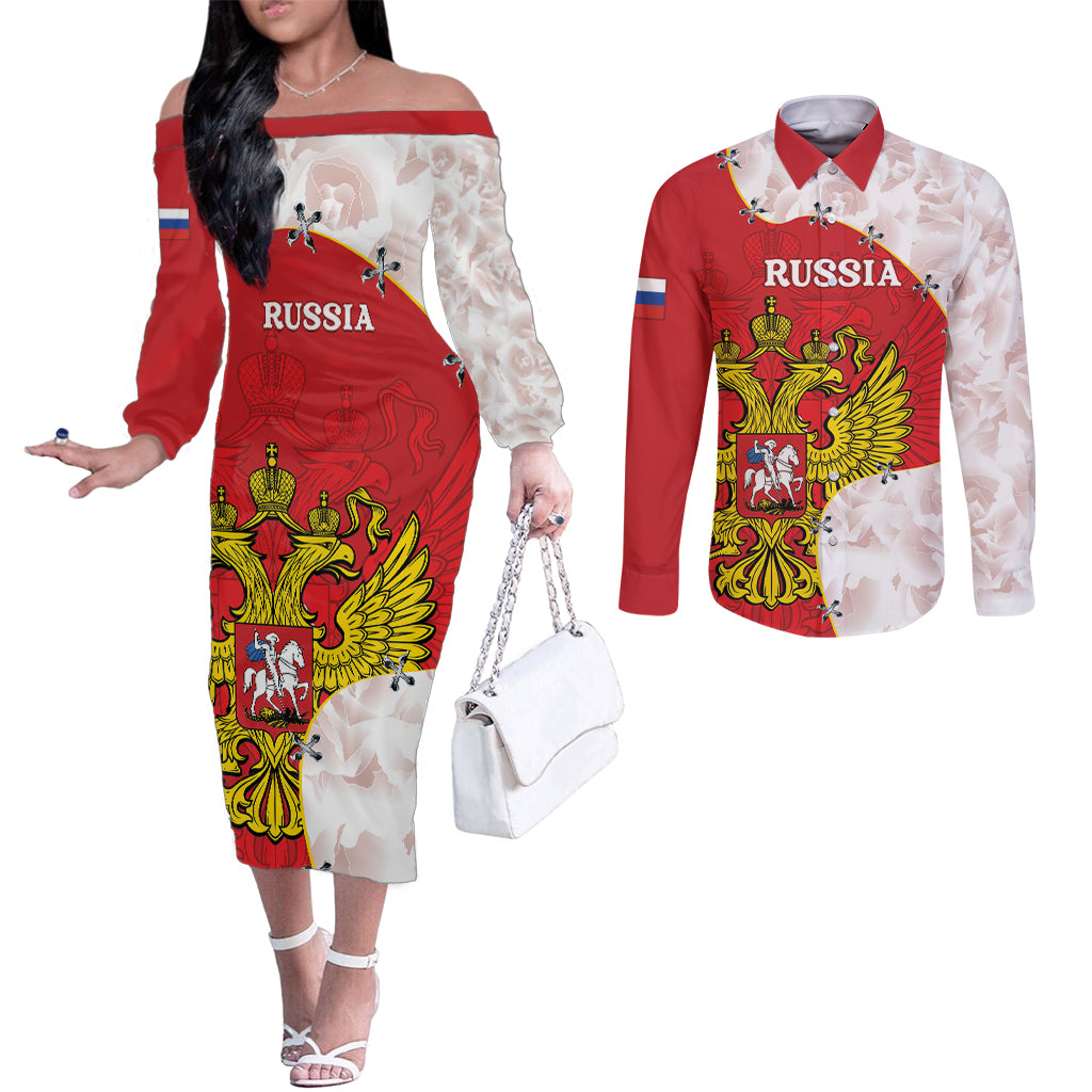 Russia Independence Day Couples Matching Off The Shoulder Long Sleeve Dress and Long Sleeve Button Shirt Coat Of Arms With Map