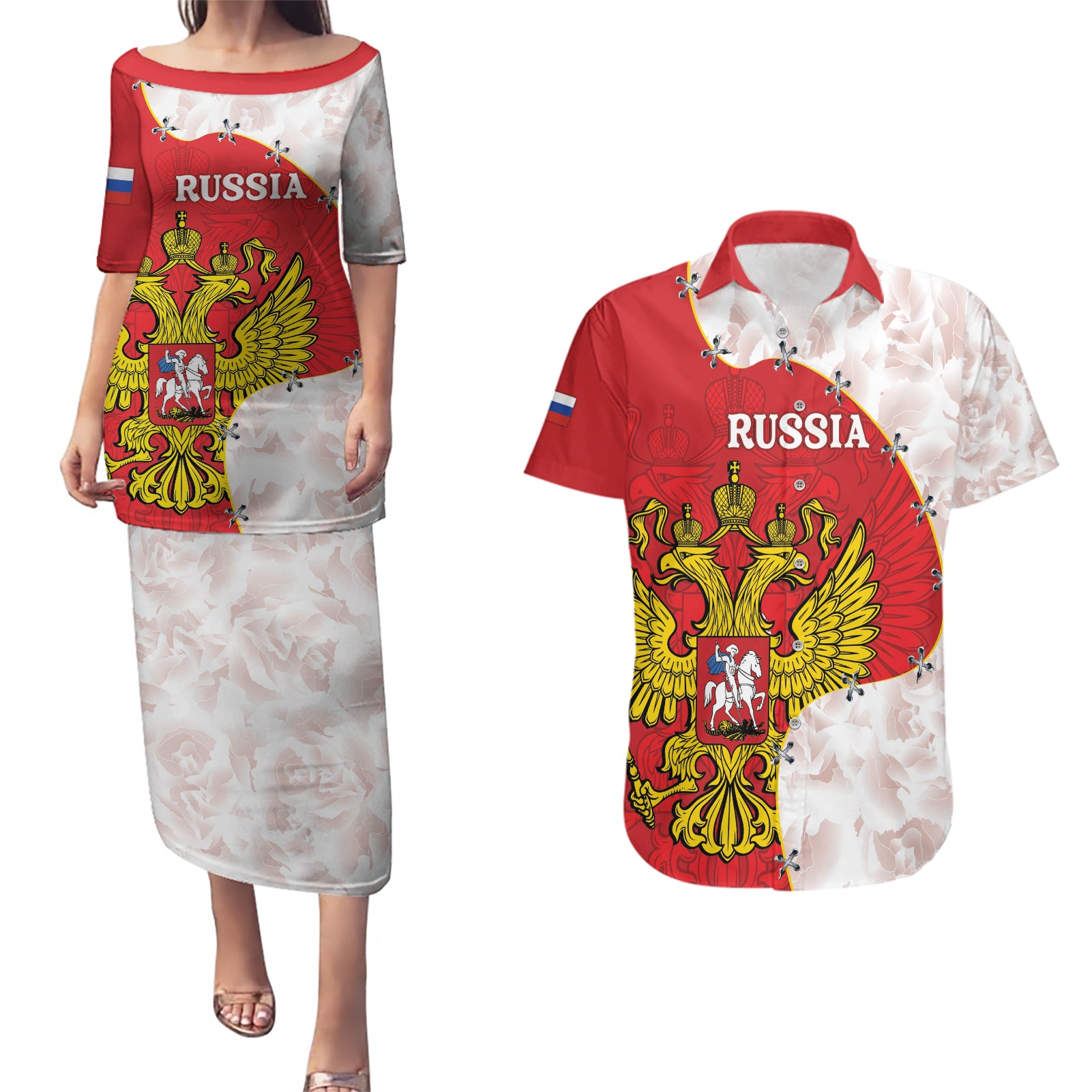 Russia Independence Day Couples Matching Puletasi and Hawaiian Shirt Coat Of Arms With Map - Wonder Print Shop