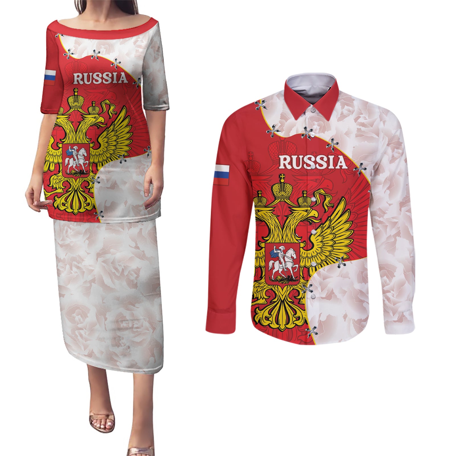 Russia Independence Day Couples Matching Puletasi and Long Sleeve Button Shirt Coat Of Arms With Map - Wonder Print Shop