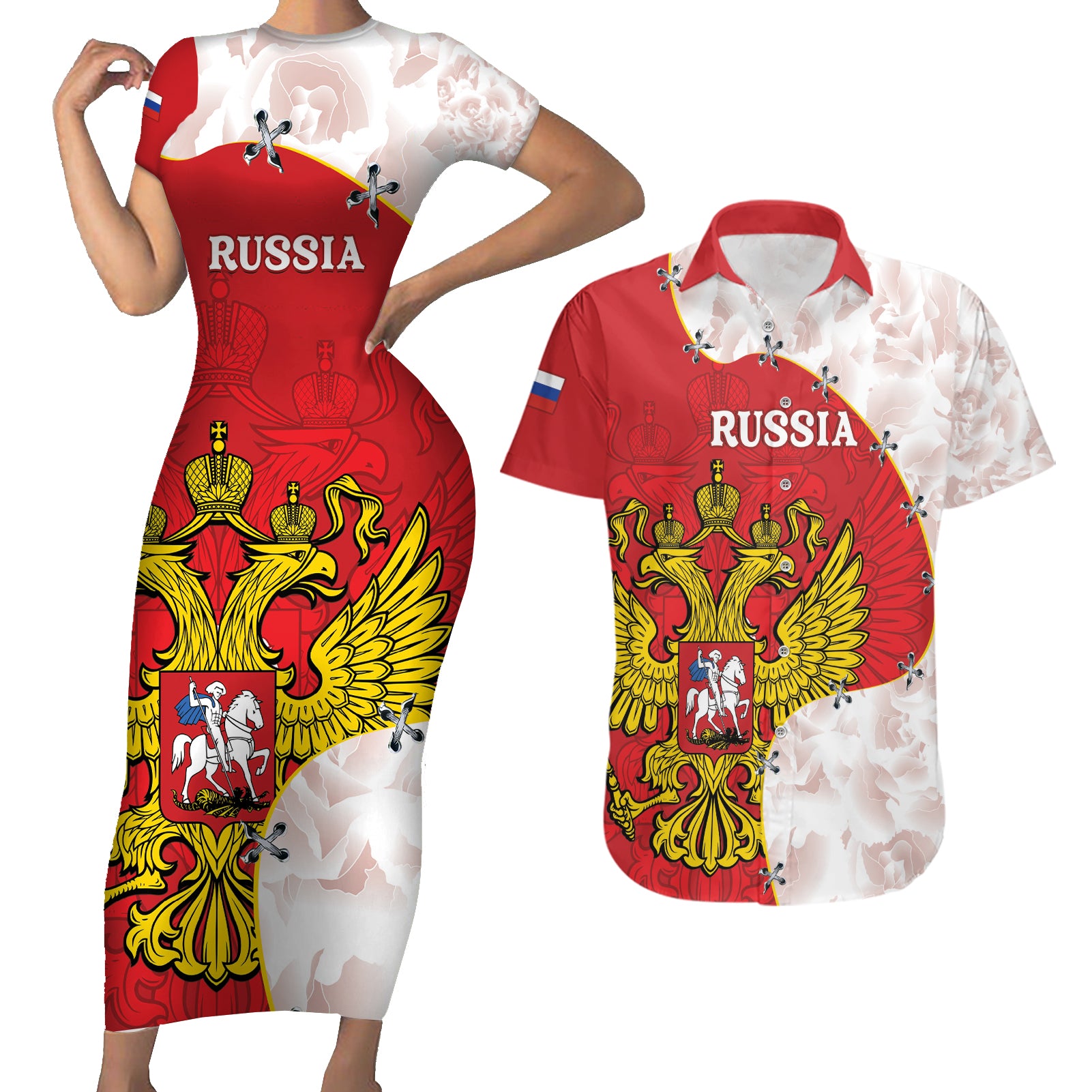 Russia Independence Day Couples Matching Short Sleeve Bodycon Dress and Hawaiian Shirt Coat Of Arms With Map - Wonder Print Shop