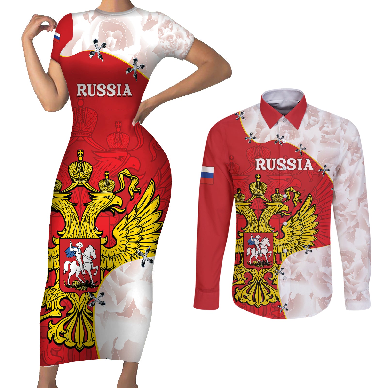 Russia Independence Day Couples Matching Short Sleeve Bodycon Dress and Long Sleeve Button Shirt Coat Of Arms With Map - Wonder Print Shop