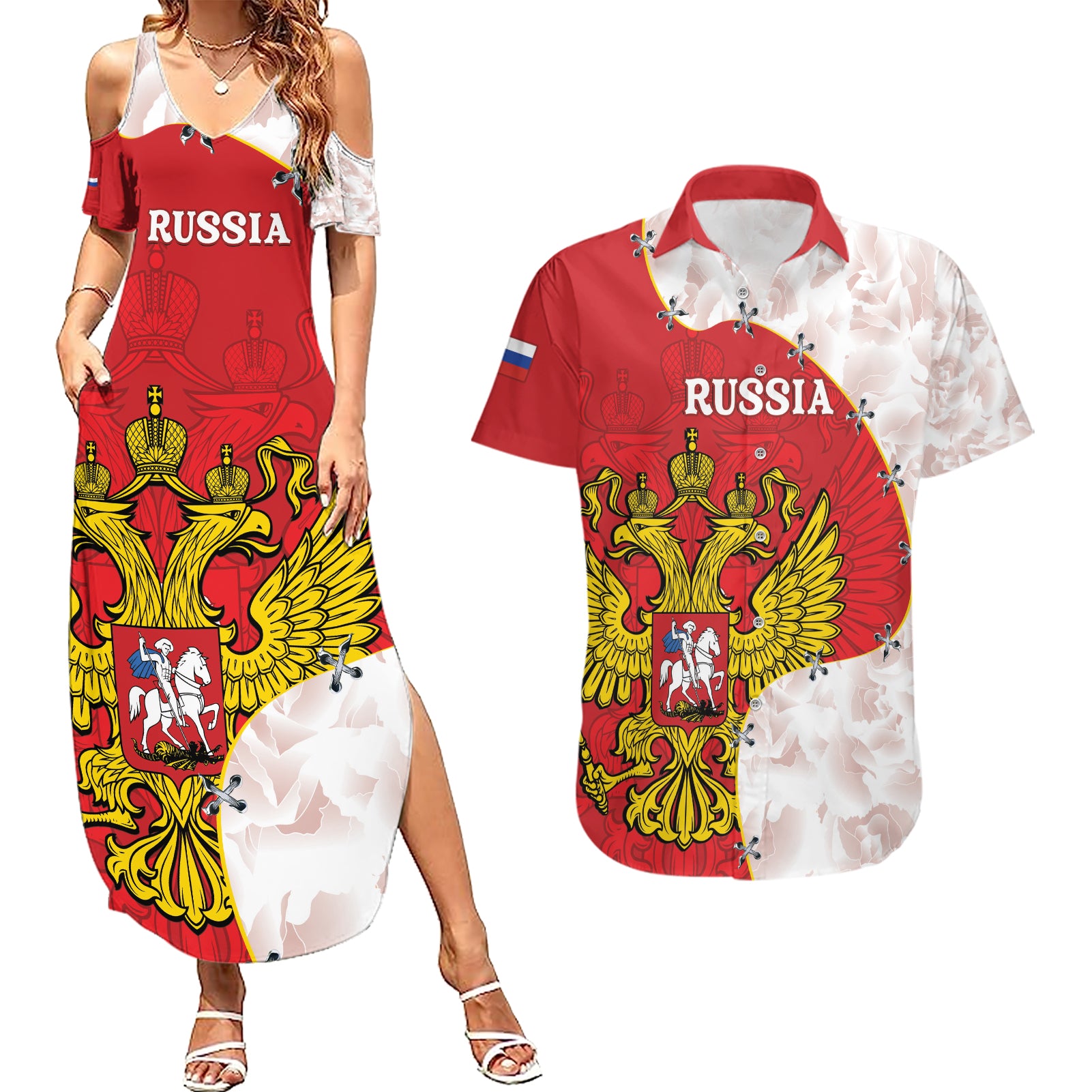 Russia Independence Day Couples Matching Summer Maxi Dress and Hawaiian Shirt Coat Of Arms With Map - Wonder Print Shop