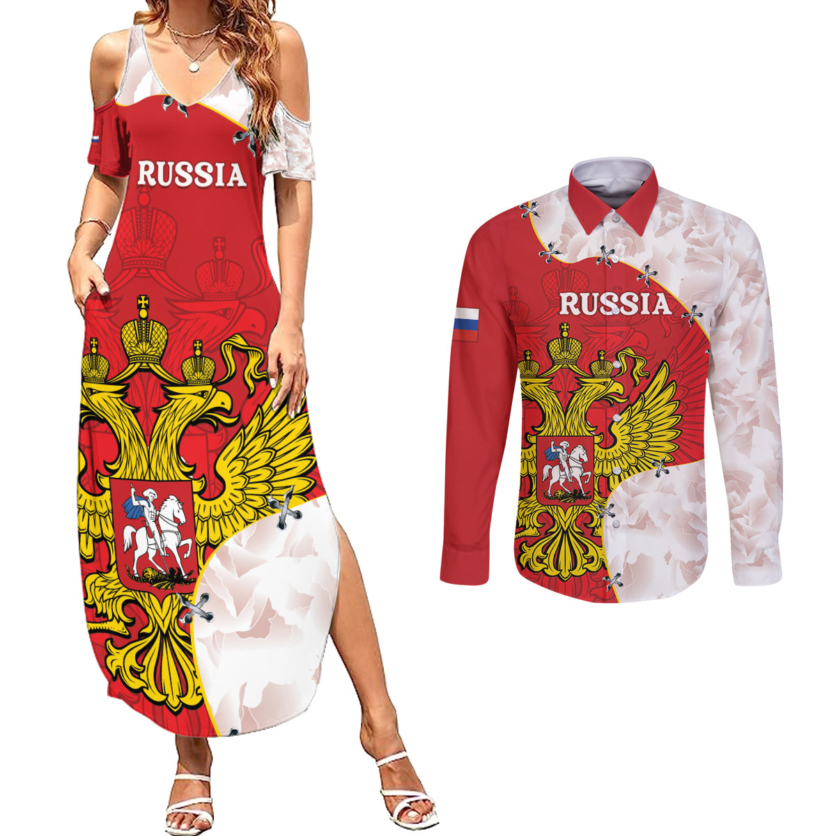 Russia Independence Day Couples Matching Summer Maxi Dress and Long Sleeve Button Shirt Coat Of Arms With Map - Wonder Print Shop