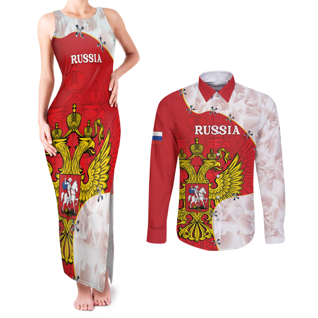 Russia Independence Day Couples Matching Tank Maxi Dress and Long Sleeve Button Shirt Coat Of Arms With Map - Wonder Print Shop