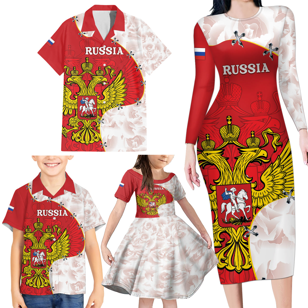 Russia Independence Day Family Matching Long Sleeve Bodycon Dress and Hawaiian Shirt Coat Of Arms With Map - Wonder Print Shop