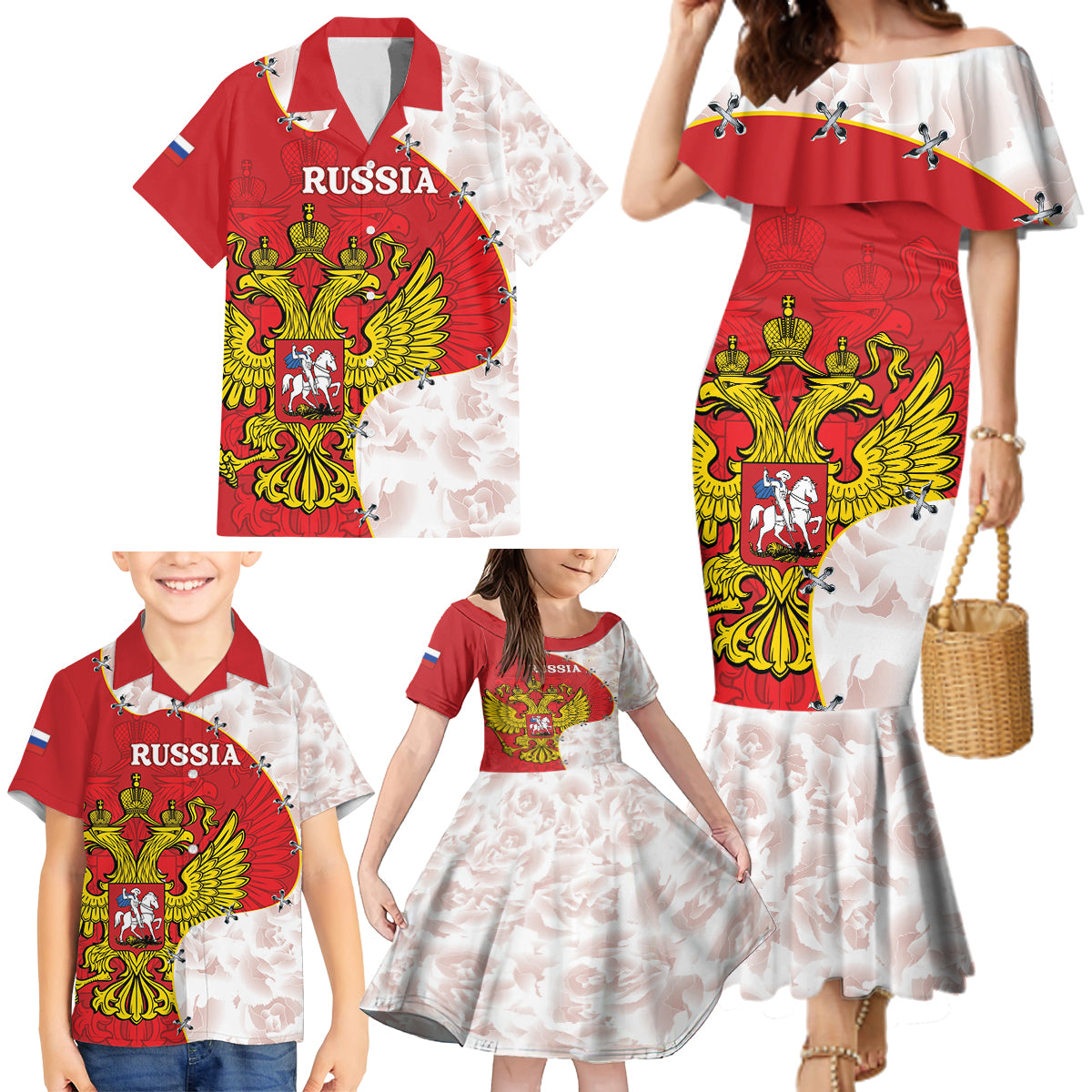 Russia Independence Day Family Matching Mermaid Dress and Hawaiian Shirt Coat Of Arms With Map - Wonder Print Shop