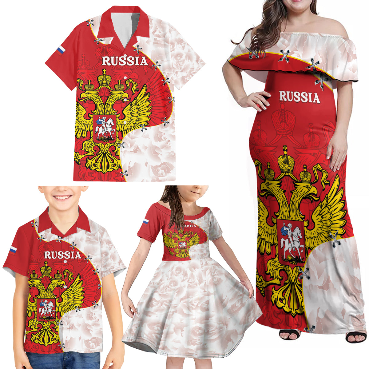 Russia Independence Day Family Matching Off Shoulder Maxi Dress and Hawaiian Shirt Coat Of Arms With Map - Wonder Print Shop