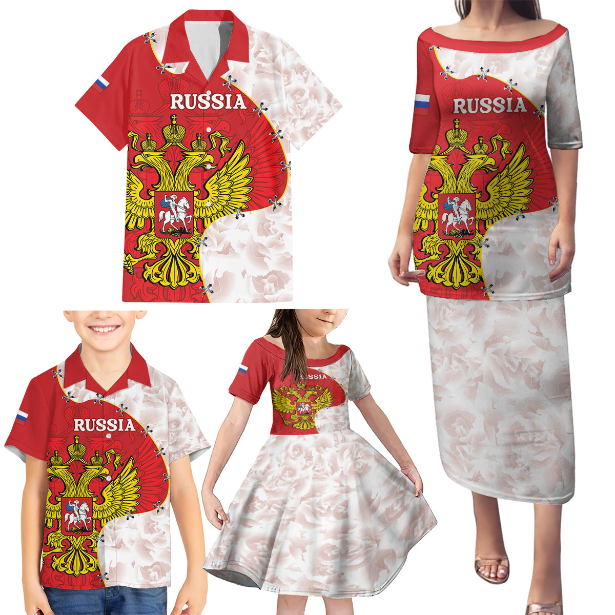 Russia Independence Day Family Matching Puletasi and Hawaiian Shirt Coat Of Arms With Map - Wonder Print Shop