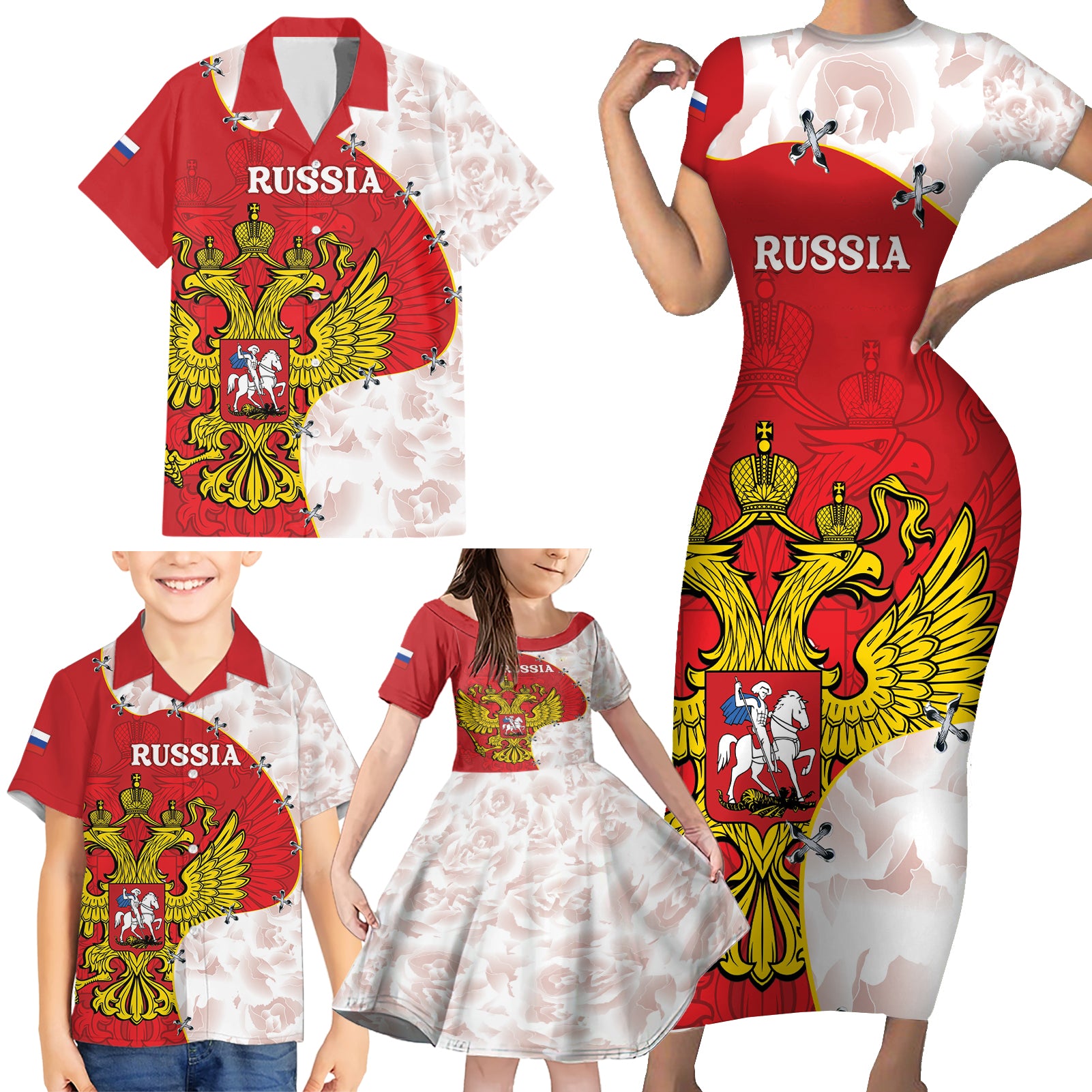 Russia Independence Day Family Matching Short Sleeve Bodycon Dress and Hawaiian Shirt Coat Of Arms With Map - Wonder Print Shop