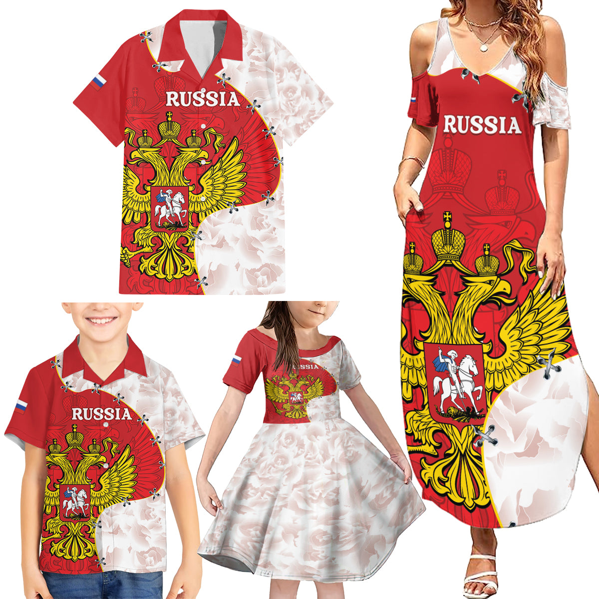 Russia Independence Day Family Matching Summer Maxi Dress and Hawaiian Shirt Coat Of Arms With Map - Wonder Print Shop