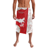 Knee-length red and white Russian emblem map wrap skirt with elastic waistband
