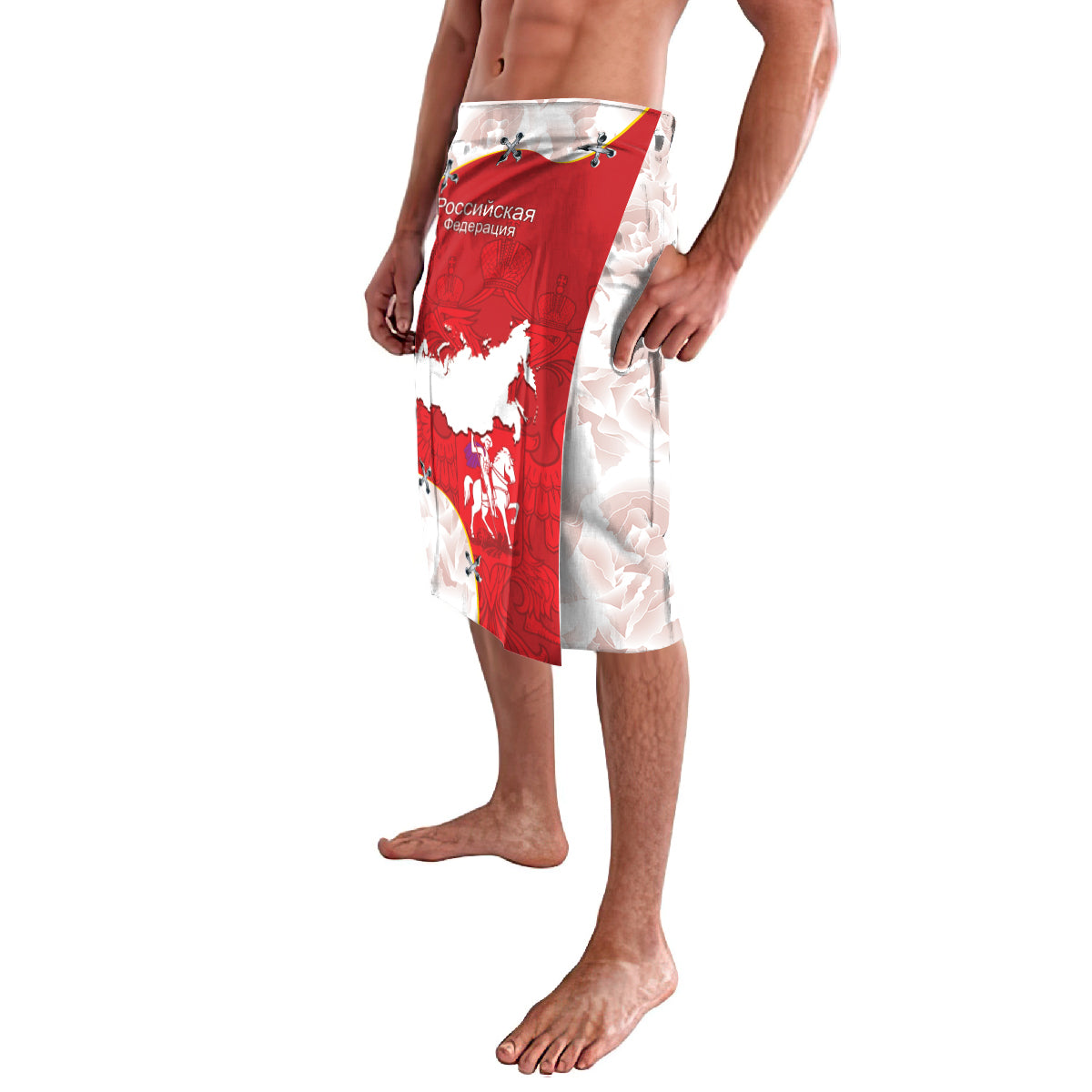 Knee-length red and white Russian map print wrap skirt with elastic waistband