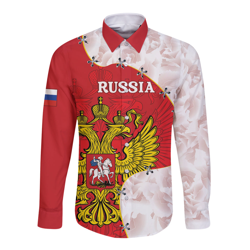 Red long-sleeve button shirt with Russia crest, emblem and decorative print