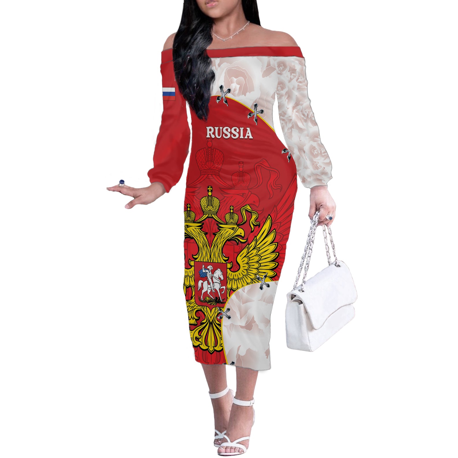 Russia Independence Day Off The Shoulder Long Sleeve Dress Coat Of Arms With Map - Wonder Print Shop