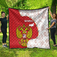 Large red and white quilt featuring Russia text, map outline, and golden eagle crest