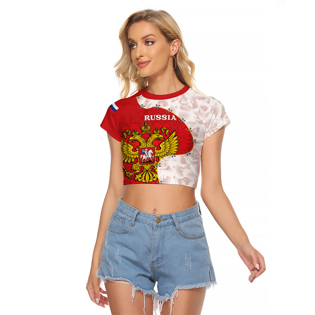 Russia Independence Day Raglan Cropped T Shirt Coat Of Arms With Map - Wonder Print Shop