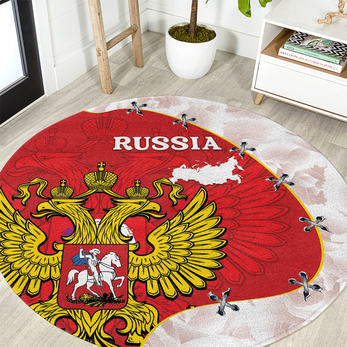 Round red Russia carpet rug with golden double-headed eagle, white map center