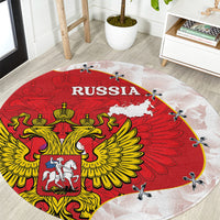 Round red Russia carpet rug with golden double-headed eagle, white map center