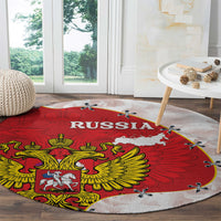 Red round Russia carpet rug with white map, golden eagle, and black airplane icons