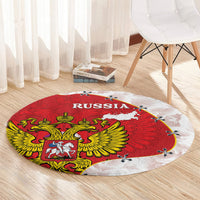 Red round Russia carpet rug with golden eagle crest, white map, and RUSSIA banner