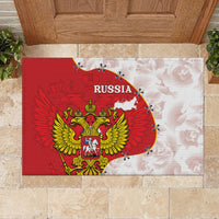 Red and white Russia rubber doormat with crest and 'RUSSIA' headline, black edge
