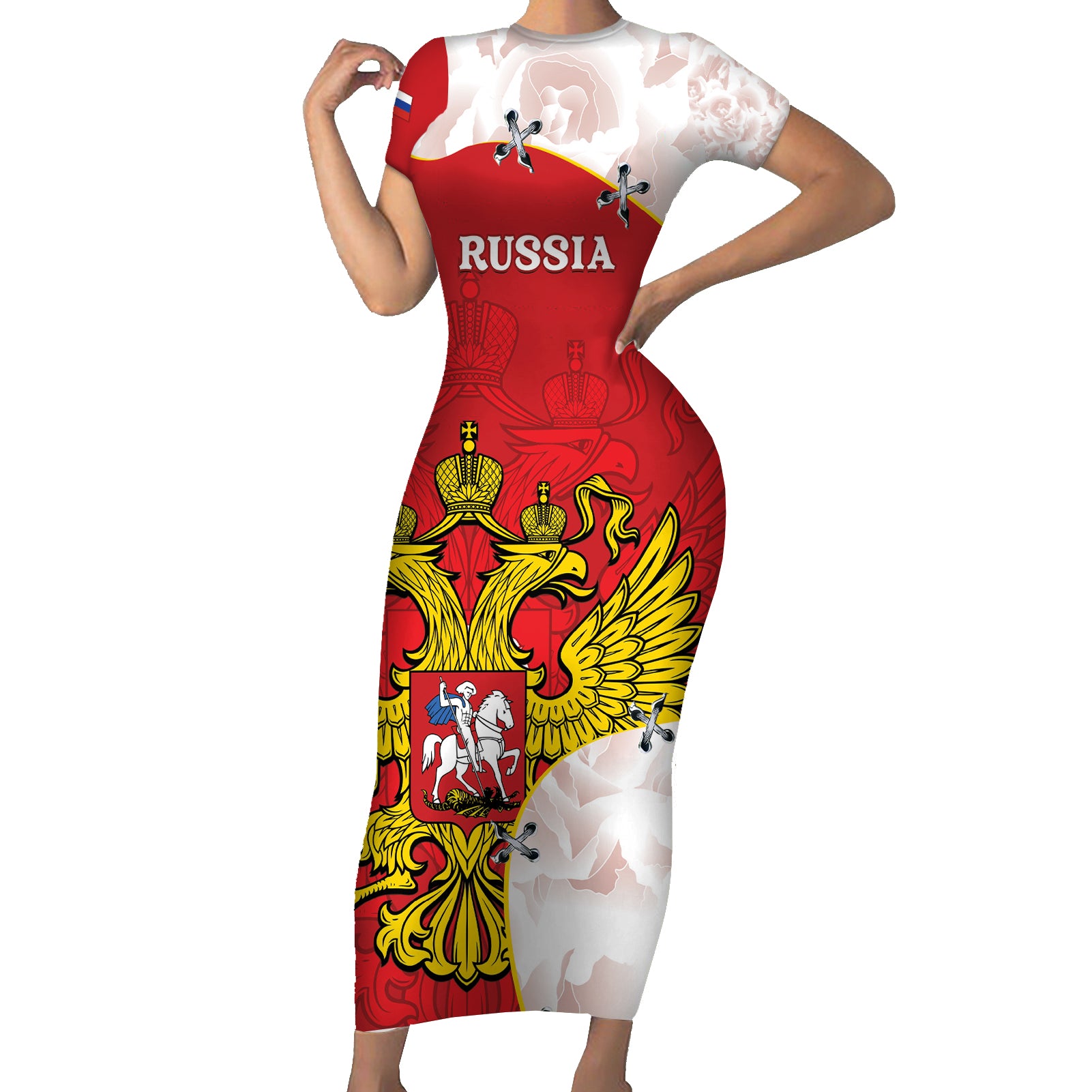 Russia Independence Day Short Sleeve Bodycon Dress Coat Of Arms With Map - Wonder Print Shop