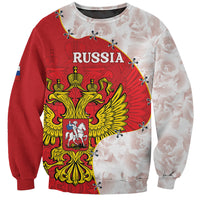 Unisex sweatshirt with red-and-white Russia emblem graphic, crewneck, long sleeves