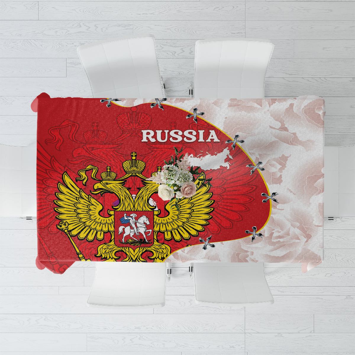 Red and white Russia-themed tablecloth with coat of arms and map print