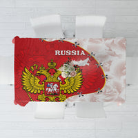 Red and white Russia-themed tablecloth with coat of arms and map print