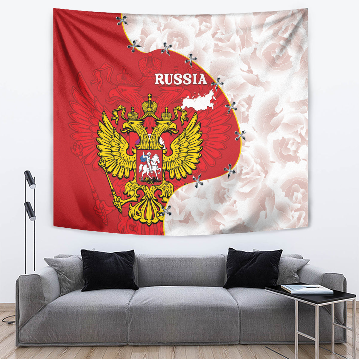 Red and white Russia tapestry wall hanging with golden coat of arms and map