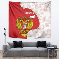 Red and white Russia tapestry wall hanging with golden coat of arms and map