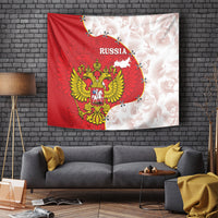 Red and white Russia tapestry with golden double-headed eagle coat of arms and grommets