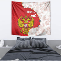 Red and white Russia tapestry with golden eagle crest and map outline