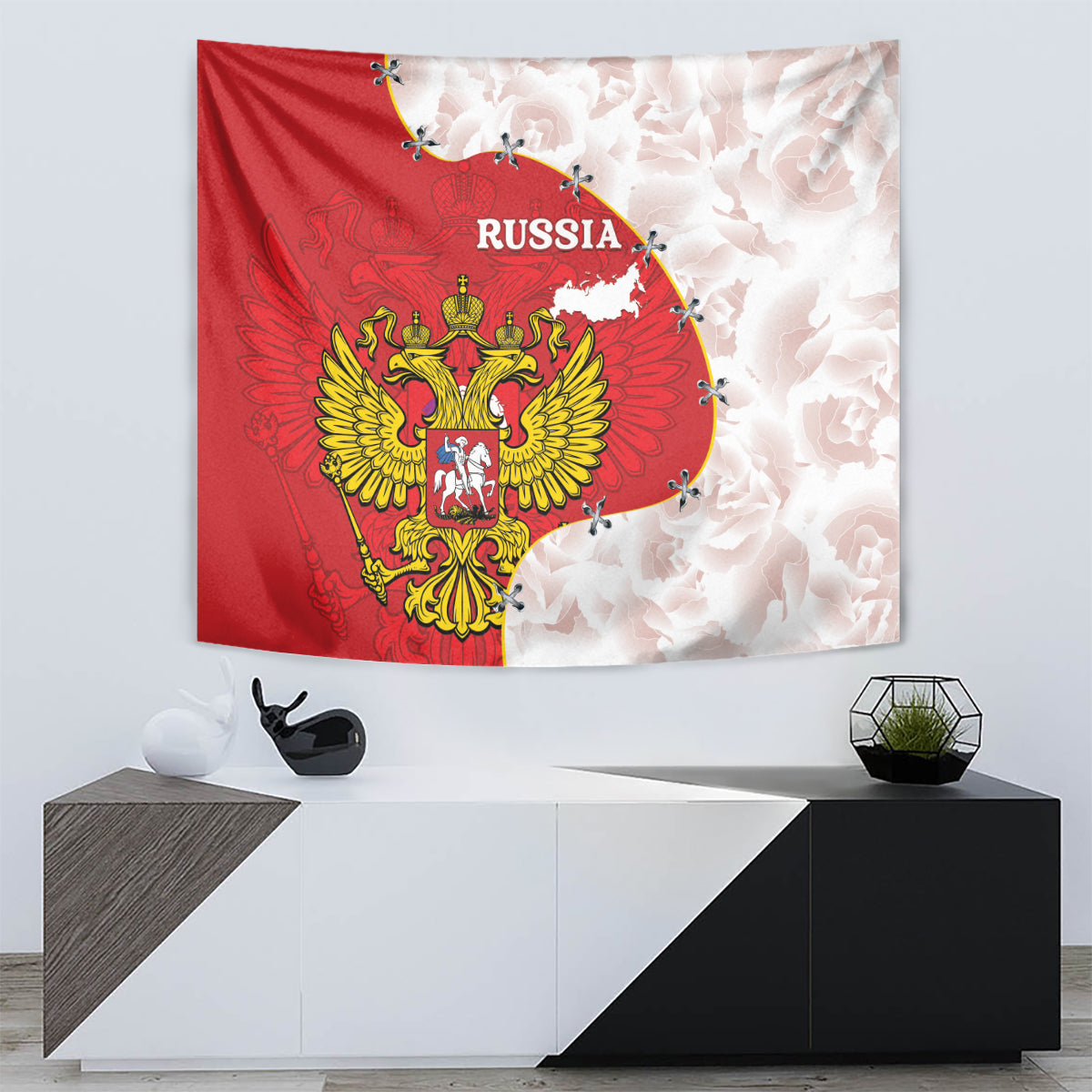 Red and white Russia tapestry with golden coat of arms crest and map shape