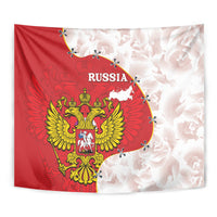 Red and white Russia tapestry close-up of golden coat of arms and map outline
