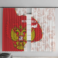 Set of 2 window curtains with red and white panels, featuring a gold coat of arms map