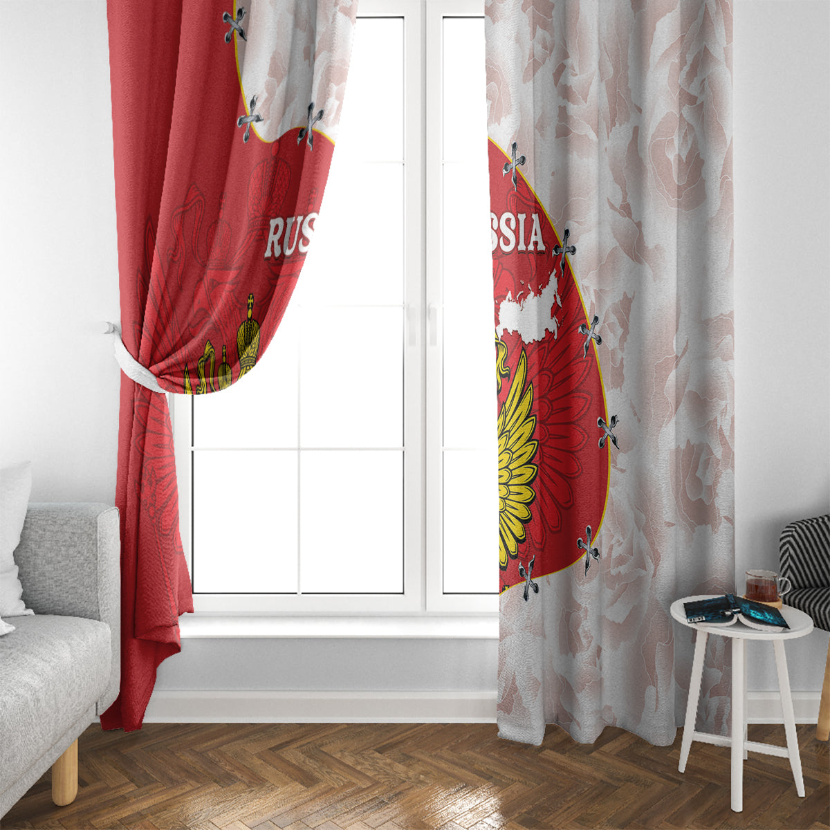 Window curtain pair with red panel and white panel, each printed with coat of arms graphics