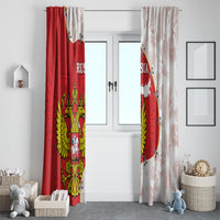 Set of 2 hanging window curtains in red and white, featuring coat of arms and map artwork