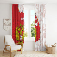 Red and white window curtain panels with gold coat of arms emblem, hanging from top loops